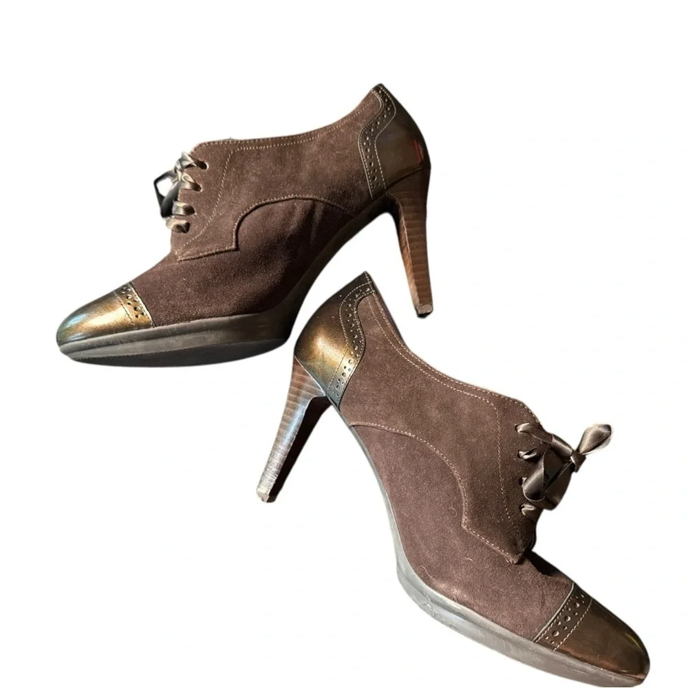 ▶️ JOHNSTON & MURPHY ◀️ Chocolste Brown Suede Oxford  Patent Heels Lace up 7.5